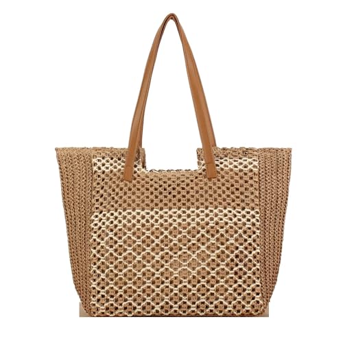 XIAQIQIFFF Sommer-Strandtasche mit Reißverschluss, gewebt for Urlaub am Meer, tägliche Freizeit, vielseitig, groß, Damen(Brown) von XIAQIQIFFF