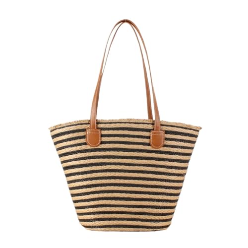 XIAQIQIFFF Sommer-Strandtaschen for Damen mit Reißverschluss, lässig, einfach, großes Fassungsvermögen, for den Pendelverkehr, Urlaub, gestreifte Stroh-Umhängetasche(Brown) von XIAQIQIFFF