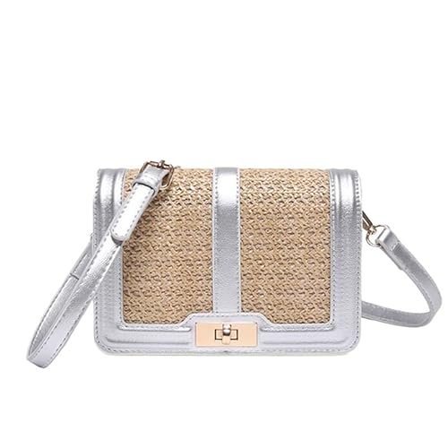 XIAQIQIFFF Stroh Umhängetasche for Frauen Sommer gewebt Strand Handtasche Crescent Schulter Geldbörsen mit verstellbarem Riemen 2025(Silver) von XIAQIQIFFF