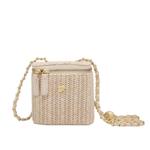 XIAQIQIFFF Stroh Umhängetaschen mit Reißverschluss for Frauen Handgewebte Schulter Strand Eimer Geldbörsen(Beige,S) von XIAQIQIFFF