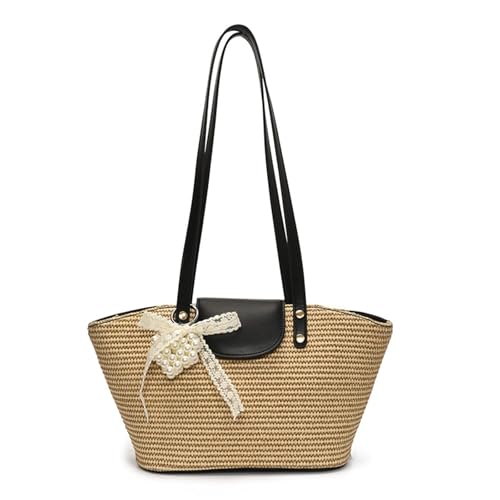 XIAQIQIFFF Strohtaschen for Frauen Sommer gewebt handgemachte Schultertasche mit Reißverschluss Reise Urlaub(Black) von XIAQIQIFFF