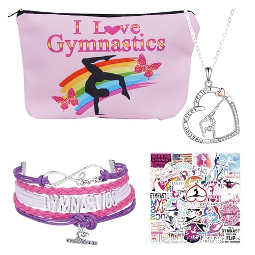 Turnen Zubehör Set für Mädchen - Turnen Armband, Turnen Kette, Kosmetiktasche & Gymnastik Sticker - Coole Sachen für Turnerin, Turnbeutel Mädchen & Sportliche Geschenke von XIAZHDZ
