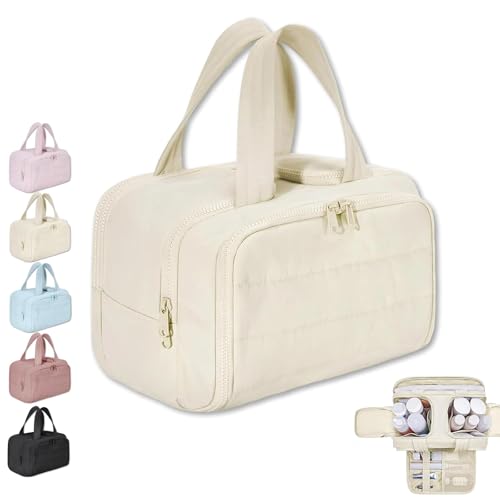 Convely Toiletry Bag,Travel Cosmetic Bag,Large Capacity Wide-Open Travel Cosmetic Bag,Waterproof Portable Pouch Open Flat Toiletry Bags for Women with Divider and Handle (Beige) von XIBHDN