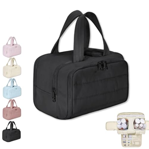 XIBHDN Cureaway Travel Cosmetic Bag,Large Capacity Wide-Open Travel Cosmetic Bag,Waterproof Portable Pouch Open Flat Toiletry Bags for Women with Divider and Handle (Black) von XIBHDN