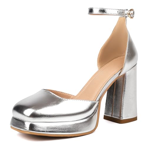 XIEDA Damen Geschlossene Zehenpartie Absätze Knöchelriemen Plateau Chunky High Heel Pumps, silber, 40.5 EU von XIEDA