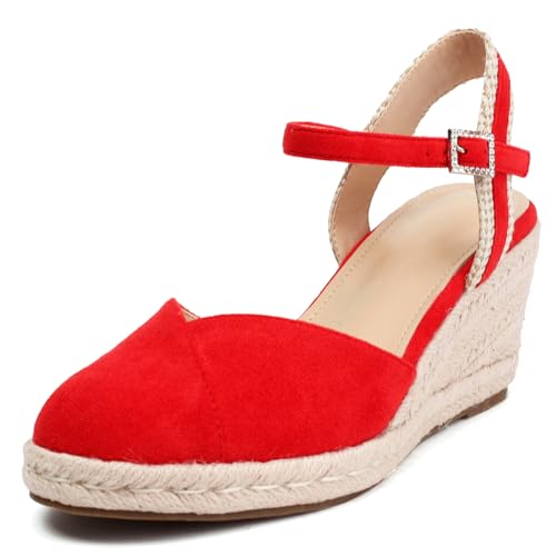XIEDA Damen Klassische Keilsandalen 7,6 cm Geschlossene Zehe Plateau Espadrilles Verstellbarer Knöchelriemen Bequeme Sommer Faux Wildleder Wedges Schuhe, Rot/Ausflug, einfarbig (Getaway Solids), 39.5 von XIEDA