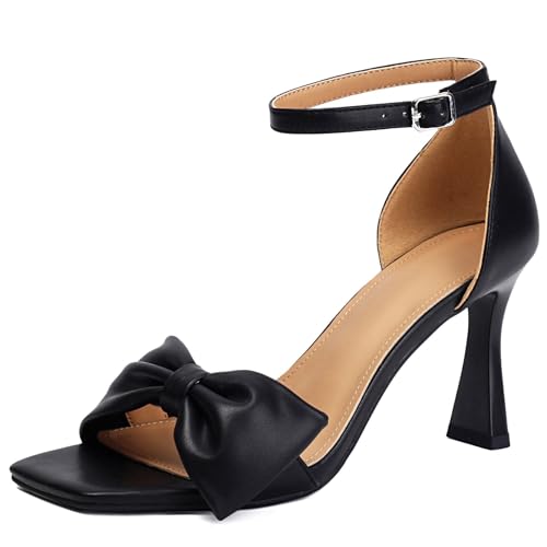 XIEDA Damen-Sandalen mit Schleife, offener Zehenbereich, Stiletto, High Heels, Knöchelriemen, Absatz, Sandalen, Schwarz, 39 EU von XIEDA