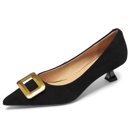 XIEDA Damen-Schuhe, echtes Leder, Wildleder, Kitten-Heels, spitz zulaufender Zehenbereich, bequeme Arbeitspumps, elegante Schuhe, Schwarz, 37.5 EU von XIEDA