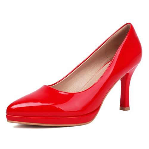 XIEDA Damen Spitze Zehen Niedrige Plateau High Heels 7,6 cm Lackleder Pumps Klassisch Elegant für alle Gelegenheiten, Rot/Ausflug, einfarbig (Getaway Solids), 38.5 EU von XIEDA
