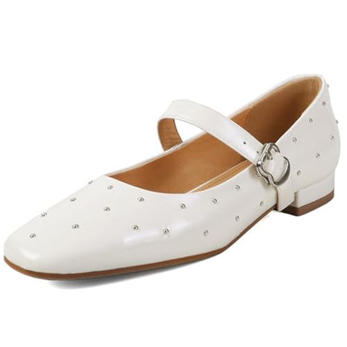 XIEDA Mary Janes Damen-Schuhe, echtes Leder, niedriger Absatz, Nieten, bequeme Anzugschuhe, Beige, 39 EU von XIEDA