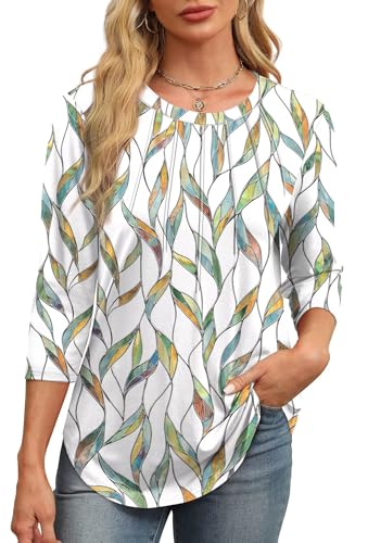 XIEERDUO 3/4 Arm Bluse Damen Shirt T Shirt Top Tunika Pullover Langarmshirt Oberteile Sommer Herbst Winter Basic BlattPrint S von XIEERDUO