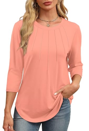 XIEERDUO Damen Bluse 3/4 Arm Tshirt Shirt Top Tunika Pullover Langarmshirt Sweater Oberteile Sommer Herbst Winter Koralle M von XIEERDUO
