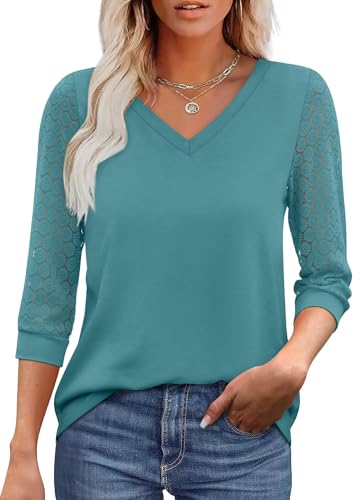 XIEERDUO Damen Bluse V-Ausschnitt Spitze 3/4 Ärmel Tunika Sommer Lässig Tops Elegant Gebogener Saum Shirt Blau L von XIEERDUO
