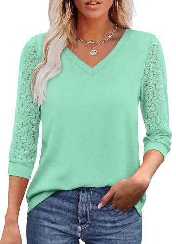 XIEERDUO Damen Bluse V-Ausschnitt Spitze 3/4 Ärmel Tunika Sommer Lässig Tops Elegant Gebogener Saum Shirt Grün XL von XIEERDUO