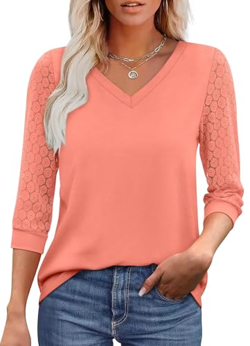 XIEERDUO Damen Bluse V-Ausschnitt Spitze 3/4 Ärmel Tunika Sommer Lässig Tops Elegant Gebogener Saum Shirt Rosa L von XIEERDUO