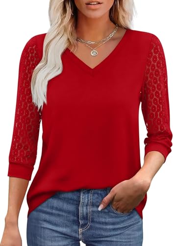XIEERDUO Damen Bluse V-Ausschnitt Spitze 3/4 Ärmel Tunika Sommer Lässig Tops Elegant Gebogener Saum Shirt Rot XXL von XIEERDUO