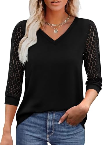 XIEERDUO Damen Bluse V-Ausschnitt Spitze 3/4 Ärmel Tunika Sommer Lässig Tops Elegant Gebogener Saum Shirt Schwarz M von XIEERDUO