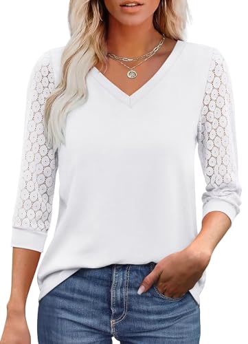 XIEERDUO Damen Bluse V-Ausschnitt Spitze 3/4 Ärmel Tunika Sommer Lässig Tops Elegant Gebogener Saum Shirt Weiß XXL von XIEERDUO