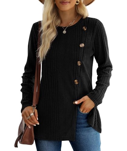 XIEERDUO Damen Pullover Herbst Winter Strickpullover Rundhals Langarmshirt Schlitz Tunika Top Mit Knöpfen Oberteile Elegant Schwarz 2XL von XIEERDUO