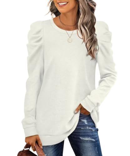 XIEERDUO Damen Pullover Oversize Herbst Sweatshirt Puffärmel Elegant Langarmshirt Winter Oberteile Beige S von XIEERDUO