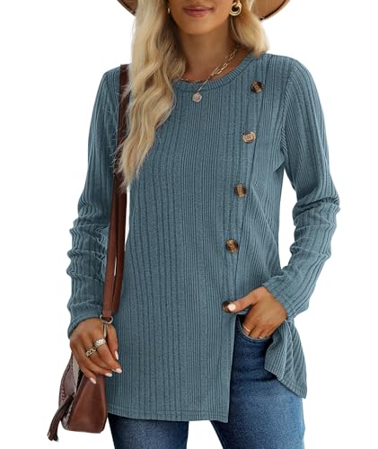 XIEERDUO Pullover Damen Herbst Winter Strickpullover Damen Rundhals Langarmshirt Damen Schlitz Tunika Top Damen mit Knöpfen Oberteile Elegant Blau XL von XIEERDUO