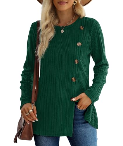 XIEERDUO Pullover Damen Herbst Winter Strickpullover Damen Rundhals Langarmshirt Damen Schlitz Tunika Top Damen mit Knöpfen Oberteile Elegant Grün L von XIEERDUO