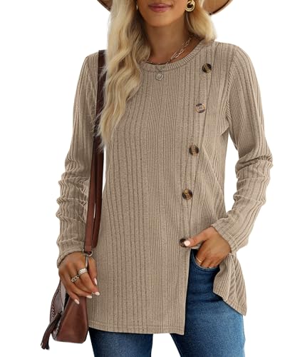 XIEERDUO Damen Pullover Herbst Winter Strickpullover Rundhals Langarmshirt Khaki XL von XIEERDUO
