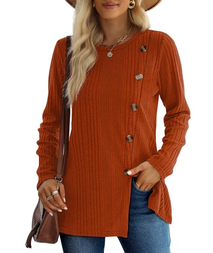 XIEERDUO Pullover Damen Herbst Winter Strickpullover Damen Rundhals Langarmshirt Damen Schlitz Tunika Top Damen mit Knöpfen Oberteile Elegant Orange XL von XIEERDUO