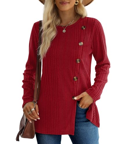 XIEERDUO Damen Pullover Herbst Winter Strickpullover Rundhals Langarmshirt Schlitz Tunika Top Mit Knöpfen Oberteile Elegant Rot L von XIEERDUO