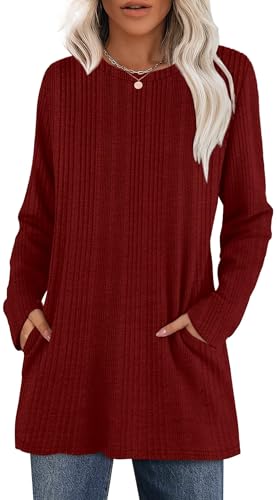 XIEERDUO Pullover Damen Strickpullover Longpullover mit Taschen Sweatshirt Oversize Langarmshirt Herbst Winter 2025 Rot XL von XIEERDUO
