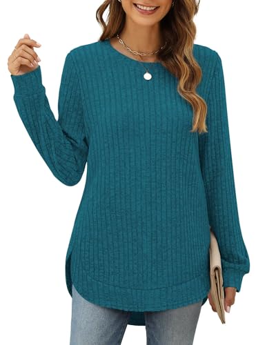 XIEERDUO Pullover Damen Strickpullover Sweatshirt Langarmshirt Herbst Winter Tshirt Elegant Oberteile Top Bluse Pfauenblau XL von XIEERDUO