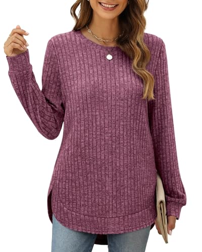 XIEERDUO Pullover Damen Strickpullover Sweatshirt Langarmshirt Herbst Winter Tshirt Elegant Oberteile Top Fuchsie 2XL von XIEERDUO