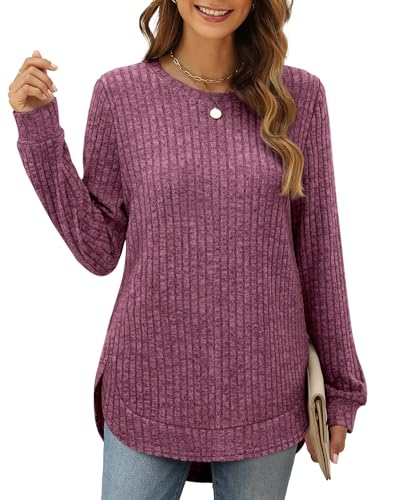 XIEERDUO Pullover Damen Strickpullover Sweatshirt Langarmshirt Herbst Winter Tshirt Elegant Oberteile Top Fuchsie XL von XIEERDUO