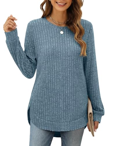 XIEERDUO Pullover Damen Strickpullover Sweatshirt Langarmshirt Herbst Winter Tunika Tshirt Elegant Oberteile Top Blau XL von XIEERDUO