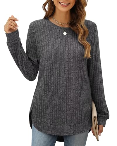 XIEERDUO Pullover Damen Strickpullover Sweatshirt Langarmshirt Herbst Winter Tunika Tshirt Elegant Oberteile Top Grau 3XL von XIEERDUO