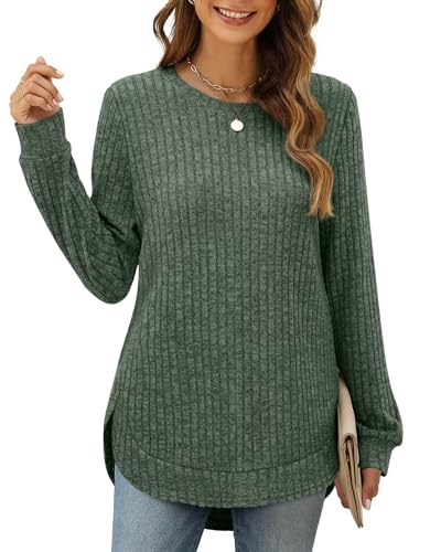 XIEERDUO Pullover Damen Strickpullover Sweatshirt Langarmshirt Herbst Winter Tunika Tshirt Elegant Oberteile Top Grün M von XIEERDUO