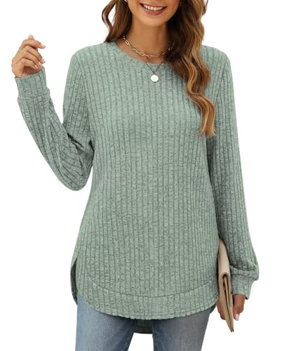 XIEERDUO Pullover Damen Strickpullover Sweatshirt Langarmshirt Herbst Winter Tunika Tshirt Elegant Oberteile Top Hellgrün M von XIEERDUO