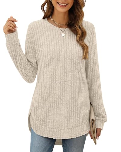 XIEERDUO Pullover Damen Strickpullover Sweatshirt Langarmshirt Herbst Winter Tunika Tshirt Elegant Oberteile Top Khaki M von XIEERDUO