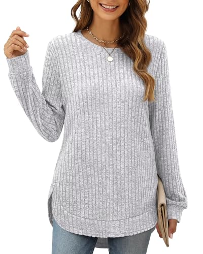 XIEERDUO Pullover Damen Strickpullover Sweatshirt Langarmshirt Herbst Winter Tunika Tshirt Elegant Oberteile Top Lichtgrau S von XIEERDUO