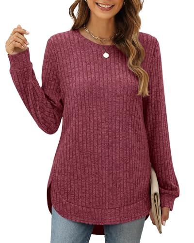 XIEERDUO Pullover Damen Strickpullover Sweatshirt Langarmshirt Herbst Winter Tunika Tshirt Elegant Oberteile Top Rosa S von XIEERDUO