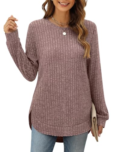 XIEERDUO Pullover Damen Strickpullover Sweatshirt Langarmshirt Herbst Winter Tunika Tshirt Elegant Oberteile Top Rosenbraun S von XIEERDUO