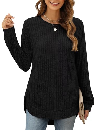 XIEERDUO Pullover Damen Strickpullover Sweatshirt Langarmshirt Herbst Winter Tunika Tshirt Elegant Oberteile Top Schwarz XL von XIEERDUO