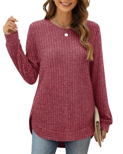 XIEERDUO Pullover Damen Strickpullover Sweatshirt Langarmshirt Herbst Winter Tunika Tshirt Elegant Oberteile Top Ziegelrot M von XIEERDUO