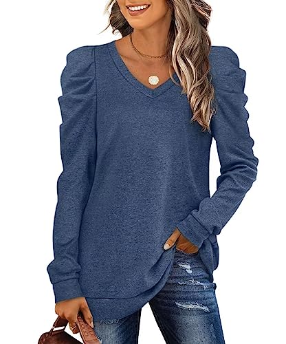 XIEERDUO Pullover Damen Sweatshirt Herbst Elegant Puffärmel Shirt V Ausschnitt Strickpullover Blau Langarm Bluse Langarmshirt S von XIEERDUO