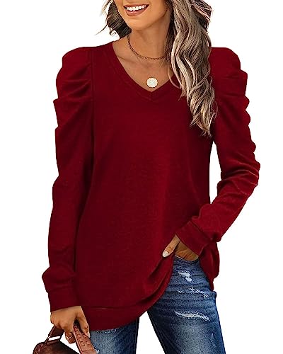 XIEERDUO Pullover Damen Sweatshirt Herbst Elegant Puffärmel Shirt V Ausschnitt Strickpullover Langarm Bluse Langarmshirt Rot S von XIEERDUO