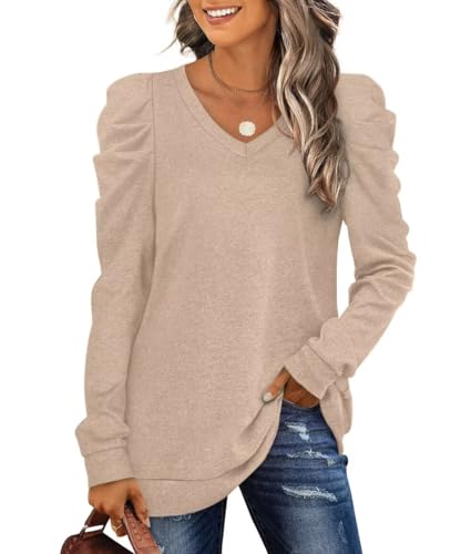 XIEERDUO Pullover Damen Sweatshirt Herbst Elegant Puffärmel Langarmshirt Strickpullover Oberteile Tops Khaki M von XIEERDUO