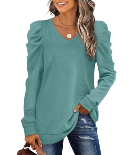 XIEERDUO Pullover Damen Sweatshirt Herbst Elegant Puffärmel Shirt V Ausschnitt Strickpullover Langarm Bluse Langarmshirt Grün S von XIEERDUO