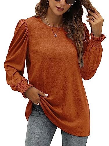 XIEERDUO Damen Pullover Herbst Oberteile Langarm Sweatshirt Puffärmel Shirts Elegant Langarmshirts Strickpullover Karamell L von XIEERDUO