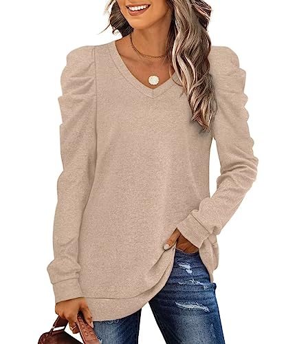 XIEERDUO Pullover Damen Sweatshirt Herbst Elegant Puffärmel Shirt V Ausschnitt Strickpullover Langarm Bluse Langarmshirt Khaki M von XIEERDUO