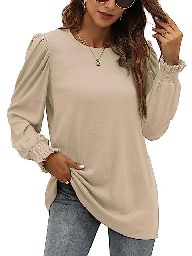 XIEERDUO Damen Pullover Herbst Oberteile Langarm Sweatshirt Puffärmel Shirts Elegant Langarmshirts Strickpullover Khaki M von XIEERDUO